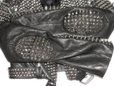 Handmade Women Black Leather Rock Women Steam Punk Style Studded Biker Jacket Silver Long Studs Spiked Jacket (389)